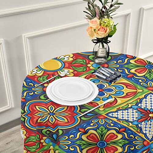 Xuwu Mexican Talavera Round Tablecloth 60 Inch Waterproof Polyester Table Cover For Kitchen Dining Table, Buffet Parties And ​Camping #TOP2