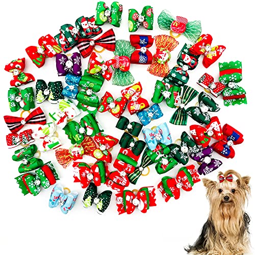 PET SHOW 50pcs Christmas Dog Hair Bows with Rubber Bands Bulk for Small Medium Dogs Xmas Holiday Puppies Cats Kittens Rabbits Topknot Grooming Costumes Hair Accessories