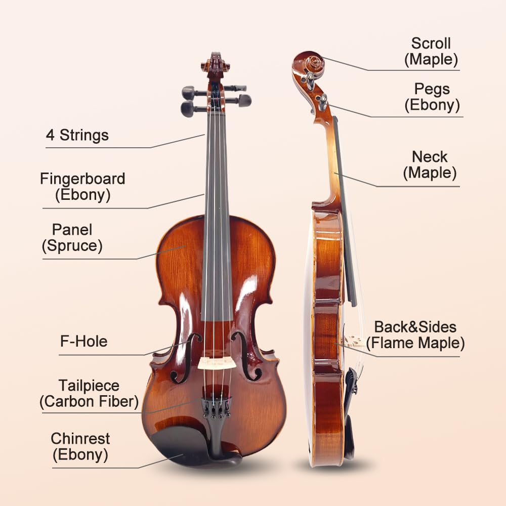 Vetimobato Kit complet de violon 4/4 fait à la main – Dos et éclisses en érable massif avec étui de rangement, archet, repose-épaules et cordes pour joueurs débutants (marron foncé, 4/4)