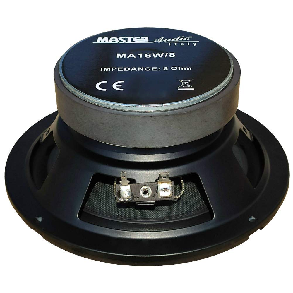 1 MASTER AUDIO MA16W/8 MA 16W/8 woofer professionale 16,50 cm 165 mm 6,5" 150 watt rms e 300 watt max 8 ohm 91 db sospensione in gomma, 1 pezzo