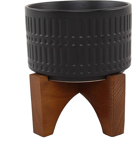 Flora Bunda Mid Century - Maceta de cerámica con textura romana negra de 7 pulgadas en soporte de madera de mediados de siglo, color negro romano de
