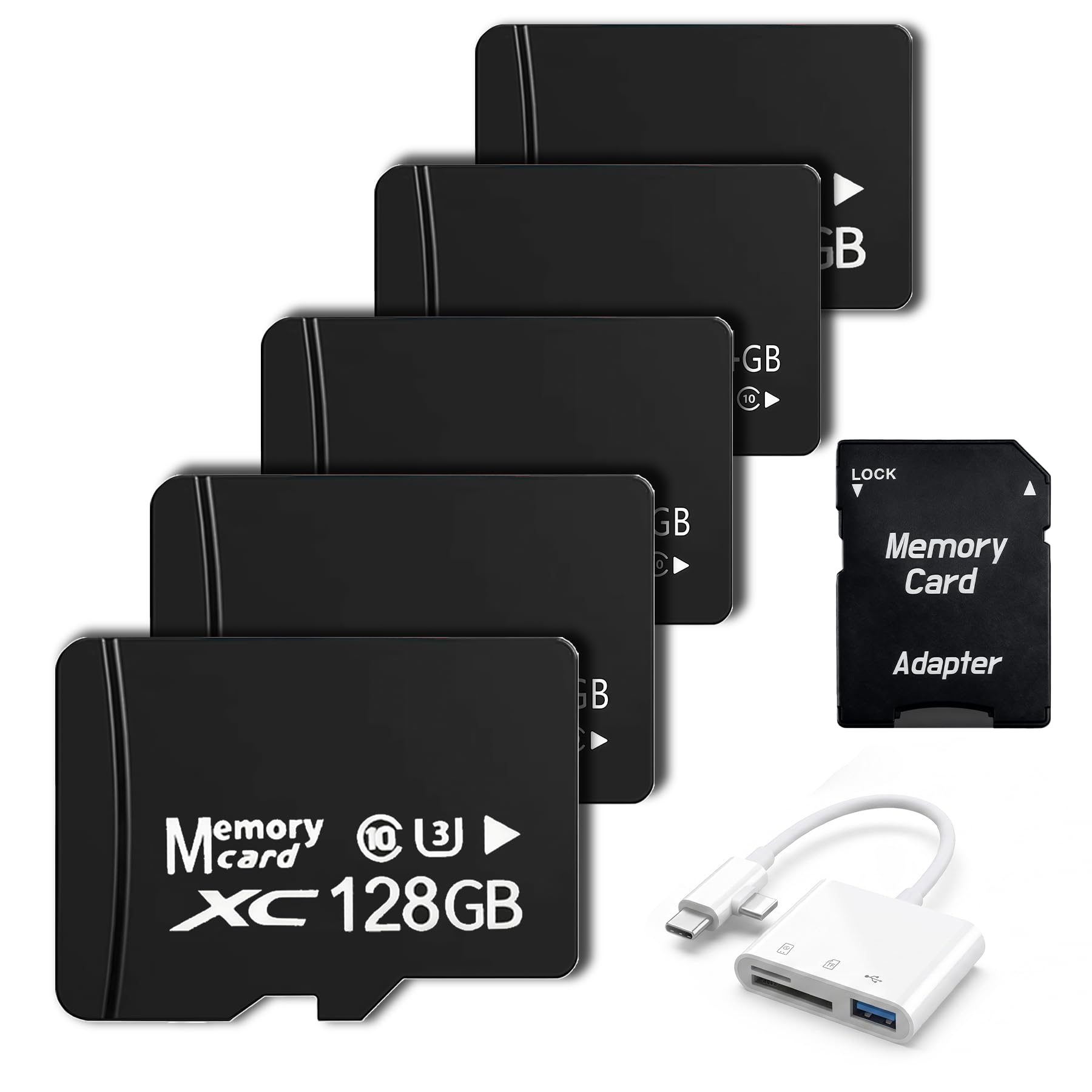 Lot de 5 cartes Micro SD 128 Go avec adaptateur SD et lecteur de cartes 3