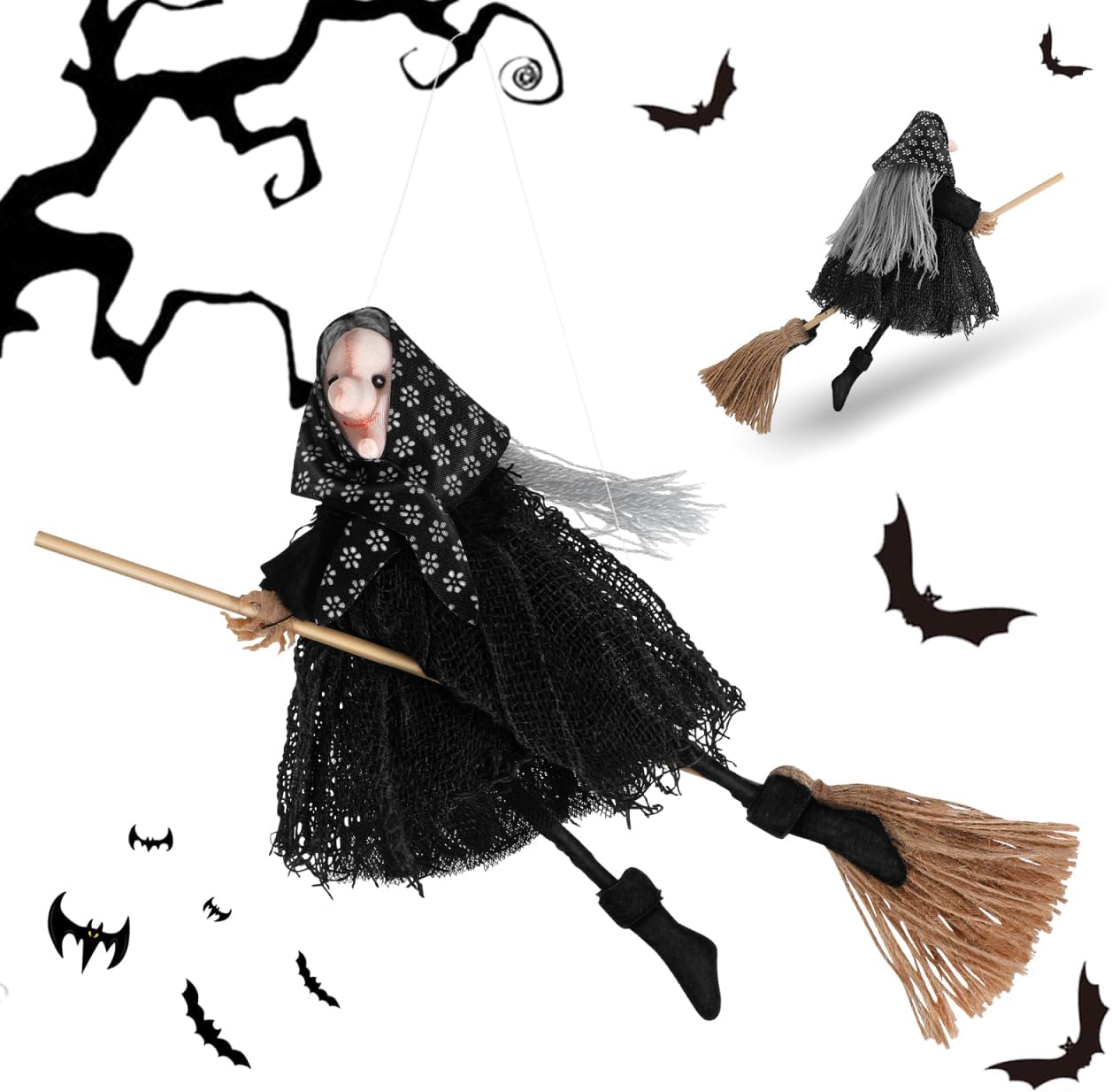 TEHAUX Kitchen Witch Doll, Halloween Witch Doll with Broomstick, Hanging Design, Ideal for Halloween Parties, Carnivals, Home Decoration