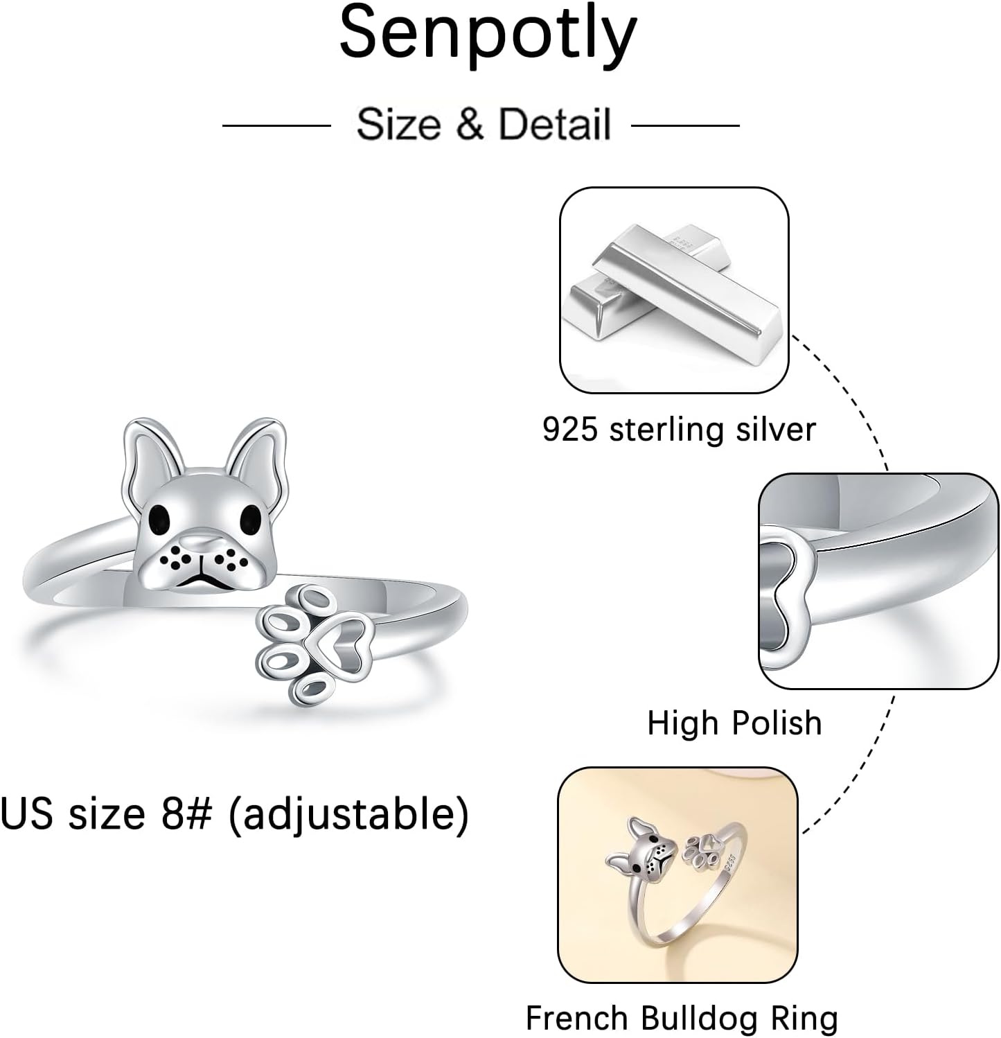 925 Sterling Silver French Bulldog Ring for Women Adjustable Puppy Paw Ring for Daughter Adorable Corgi Yorkshire Terrier Labrador Animal Dog Paw Print Ring Jewelry Gifts for Granddaughter - Image 6