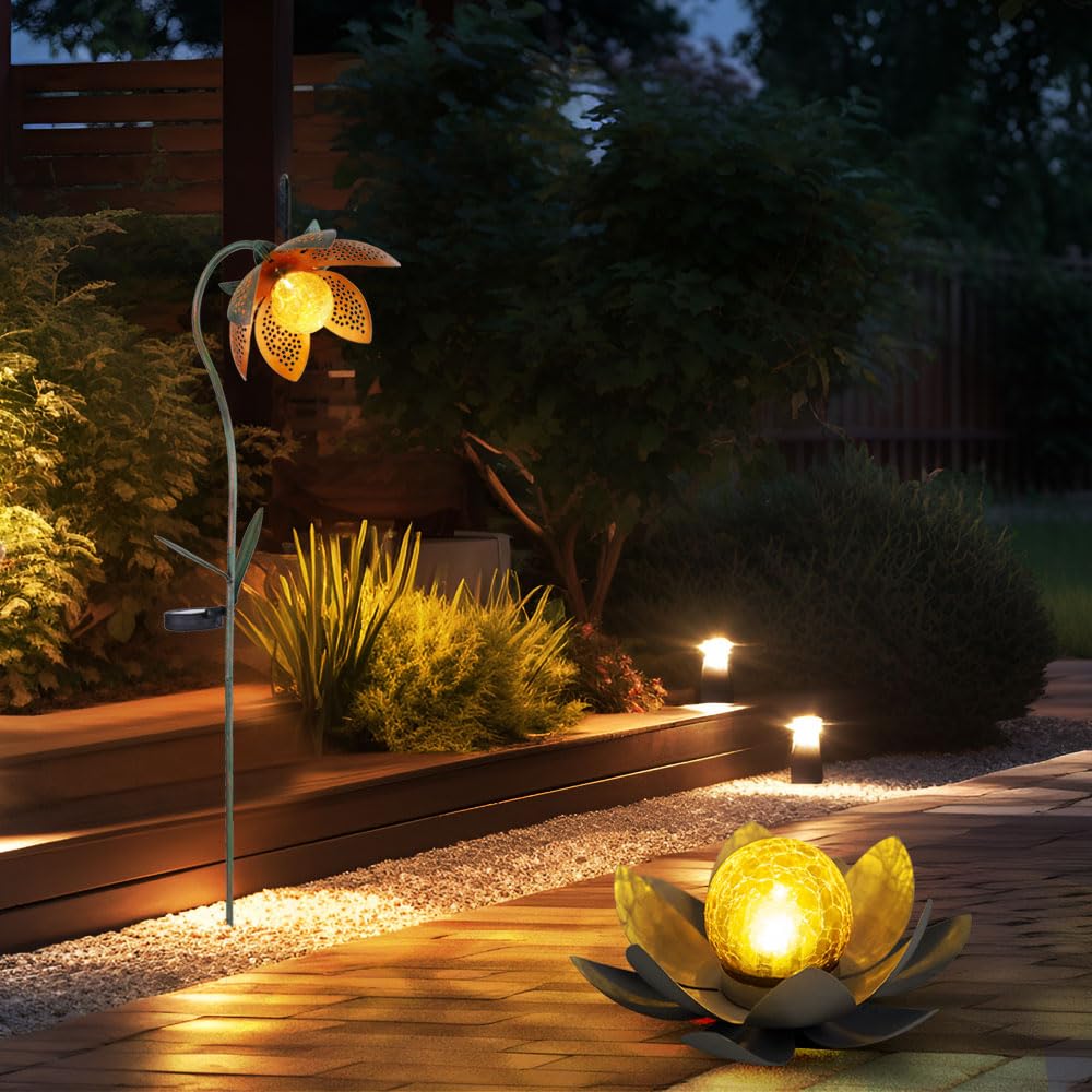 GLOBO Solardeko LED Lotusblüte Erdspieß Gartenlampe Außenleuchte Solarlampe Blume Lotosblüte, Metall mehrfarbig, Kugel Bruchglas Optik, 2er Set