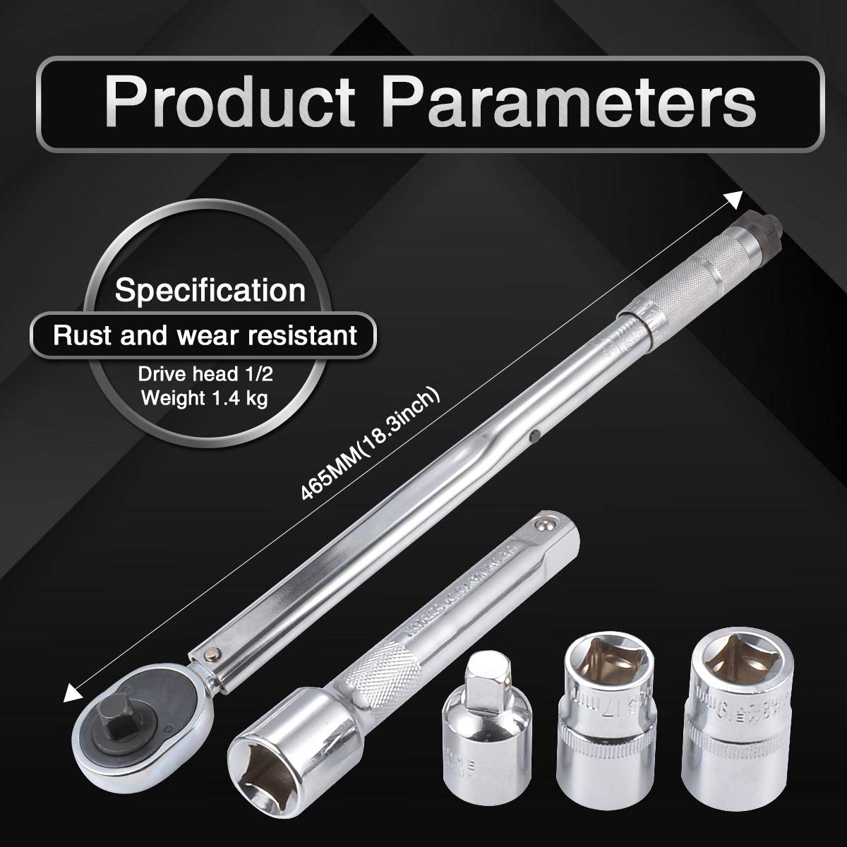 KATUR 5Pcs Drive Click Llave dinamométrica, 1/2 pulgada de diámetro de la cabeza 28-210mm Longitud Drive Juego de llaves dinamométricas ajustables