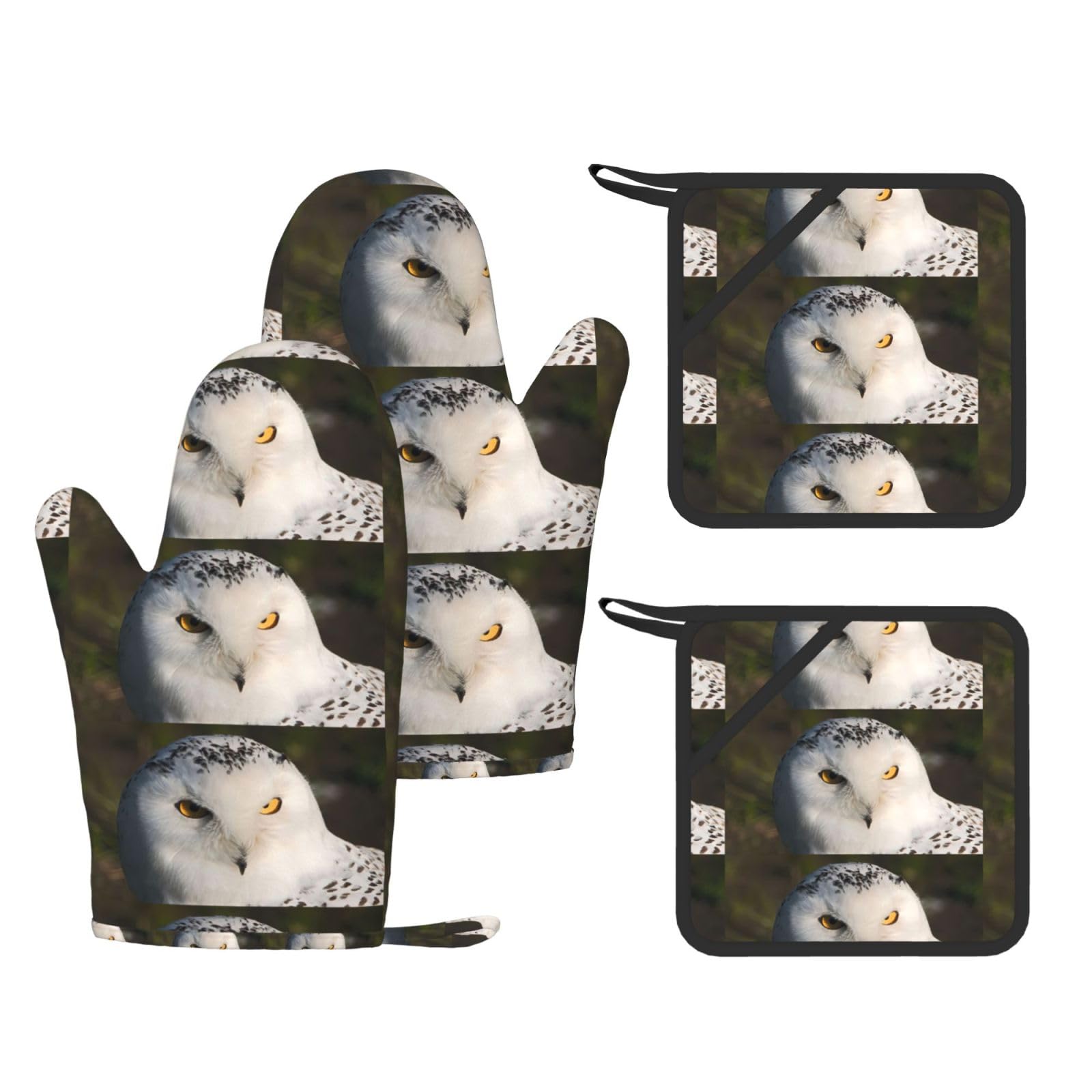 Snowy Owl Eyes Printed Potholder and Oven Mitt Set of 4, High Heat Resistant Cooking Gloves for BBQ Grilling