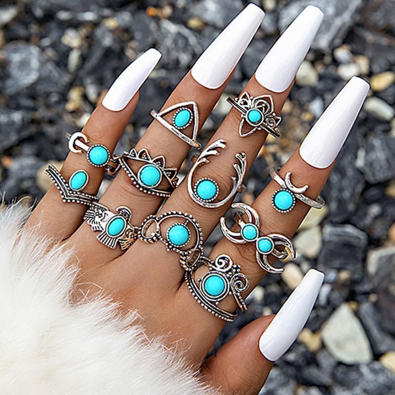 KOSMOS-LI 46PCS Silver Bohemian Jewelry Sets With 6pcs Turquoise Necklace,12 pairs Dangle Earrings, 7pcs Stackable Bangle Bracelets, 21pcs Knuckle Rings For Women Retro Western Boho Turquoise - Image 5