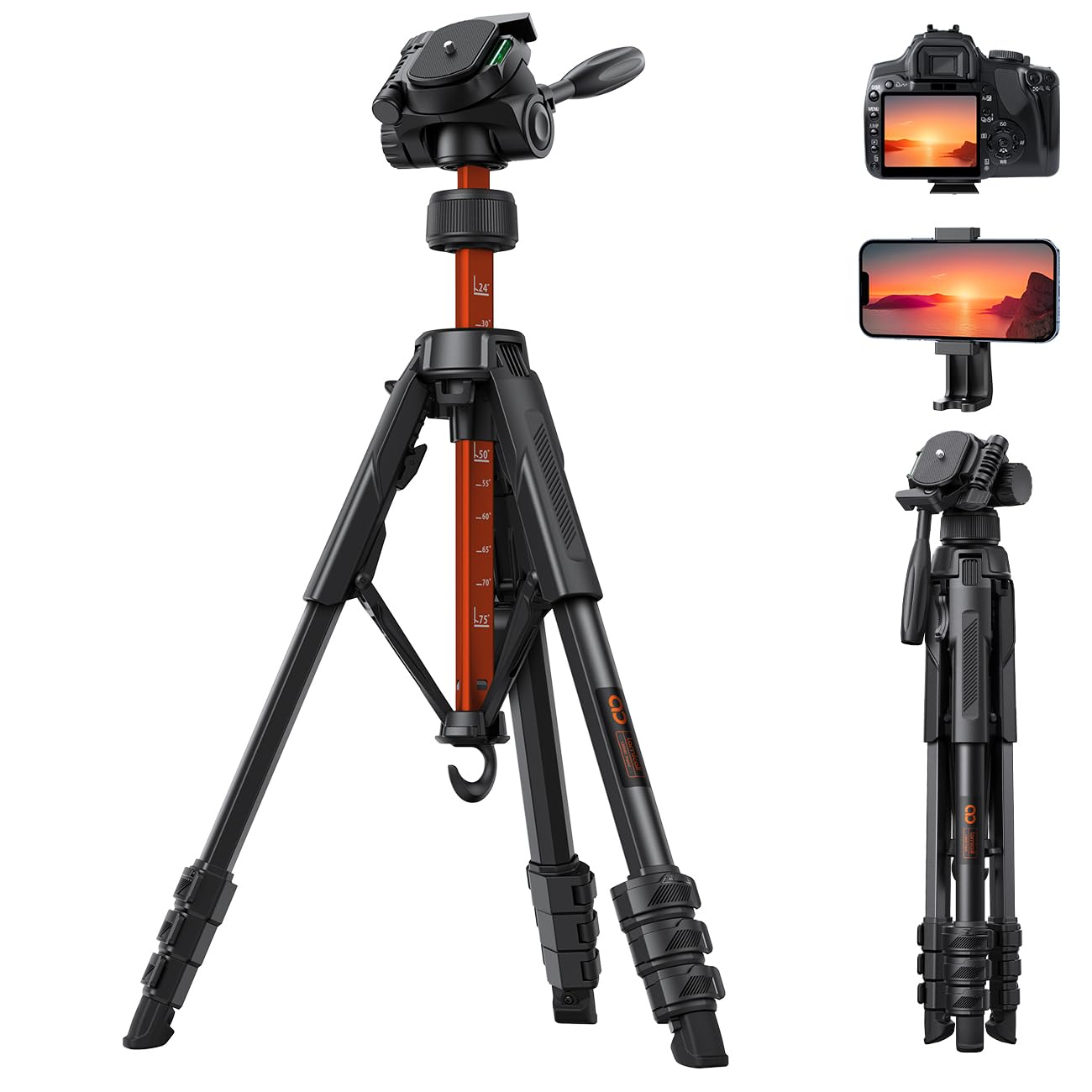 Lamicall Trípode para Cámara, Tripode para Móvil - [Patentadas Patas de Despliegue Rápido] [8KG Carga Máxima] 3 Vías Cabezal Panorámico, Soporte Cámara con Clip de Teléfono, para DSLR, iPhone y GoPro