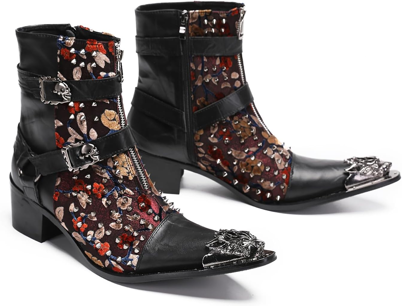 Santimon Mens Cowboy Boots Leather Party Dress Metal-Tip Toe Skeleton Button Chelsea Boots Men Fashion Casual Prom Ballroom Hight Top Western Boots for Boys