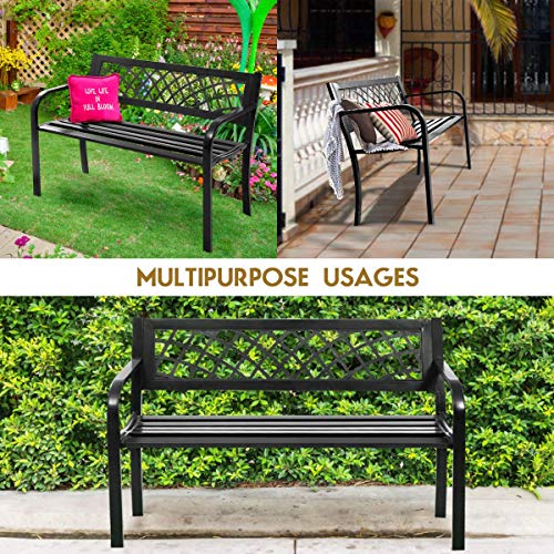Giantex Patio Garden Bench Loveseats Park Yard Furniture Decor Cast Iron Frame Black (Black Steel W/Pvc Mesh Pattern) #TOP5