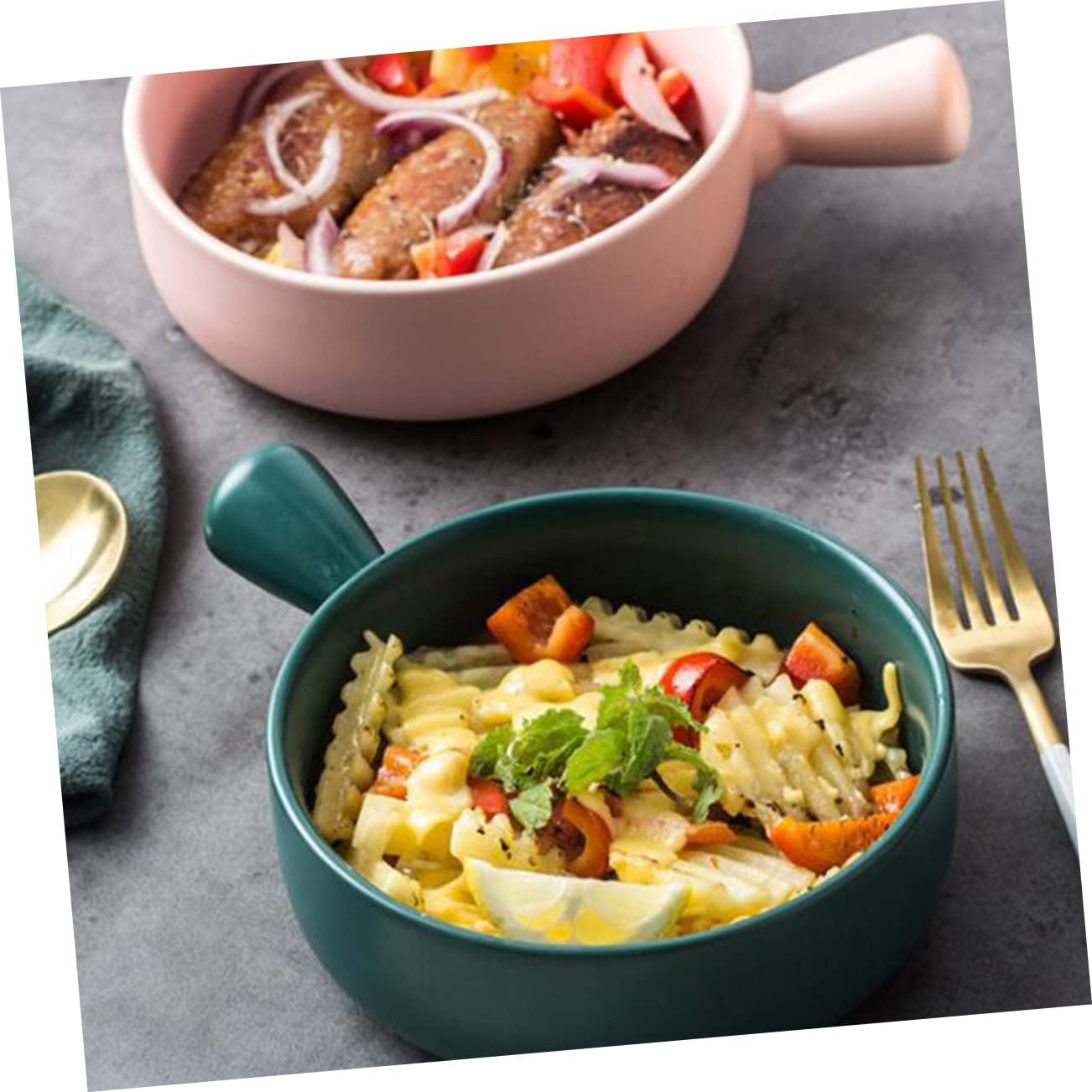 Alipis 2Pcs Round Ceramics Baking Plate Pink Kitchen Baking Tray with Handle for Serving Fruits Salads and Dishes Kitchen