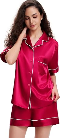 Lonxu Womens Satin Pajamas Set Short Sleeve Button Down Sleepwear XS-3XL
