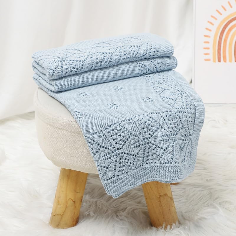 LAWKUL Cellular Blanket Baby 100% Cotton Knitted Soft Blankets Knit Crochet Newborn Swaddle Boy Girls Toddler 100x80cm Blue - Image 4