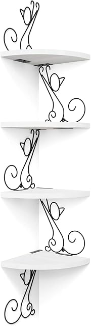 Alsonerbay Corner Shelf Wall Mounted, 4 Tier Cat-shaped Corner Shelves Rustic Wood Floating Shelf Metal Corner Stand for Living Room Bedroom Kitchen Office and More White