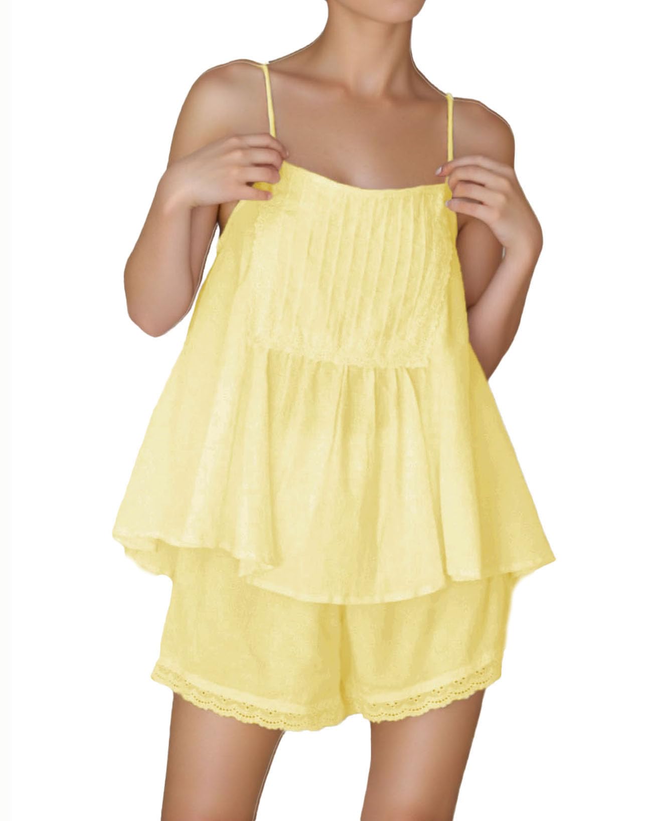 Xfileen Womens Summer 2 Piece Set Sleeveless Tie Straps Ruffle Trim Top and Shorts Sets Soft Cozy Pajamas Set