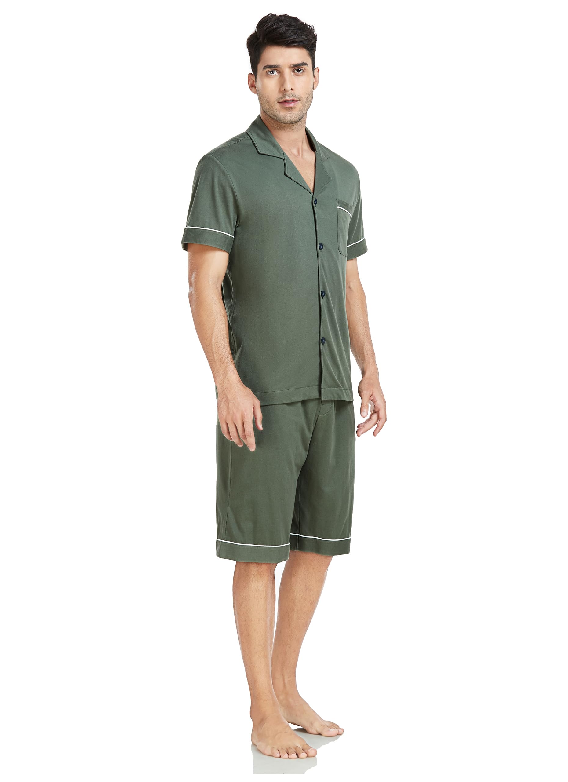 EA'S SECRET Schlafanzug Herren Kurz Baumwolle Pyjama Set Zweiteiliger Nachtwäsche Oberteile und Kurze Hose mit Knopfleiste