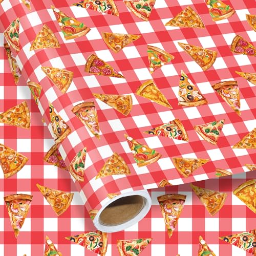 Pineraap Pizza Wrapping Paper Roll, 17 Inch x 16.4 Feet Pizza Slice Plaid Design Gift Wrap Funny Fast Food Gift Packing Paper for Men Women Birthday Holiday Celebrations