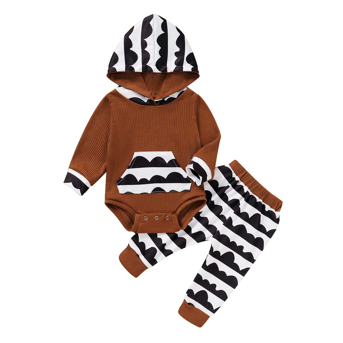 Newborn Infant Baby Boy Outfit Long Sleeve Hooded Pullover Romper Top Striped Pants 2Pcs Fall Winter Clothes Set (Brown,0-3 Months)