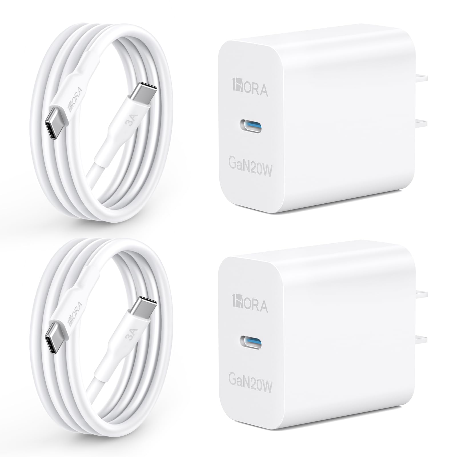 1 Hora Cargador Tipo C 2 Pack 20W PD GAN con Cable USB C a C Carga Rápida