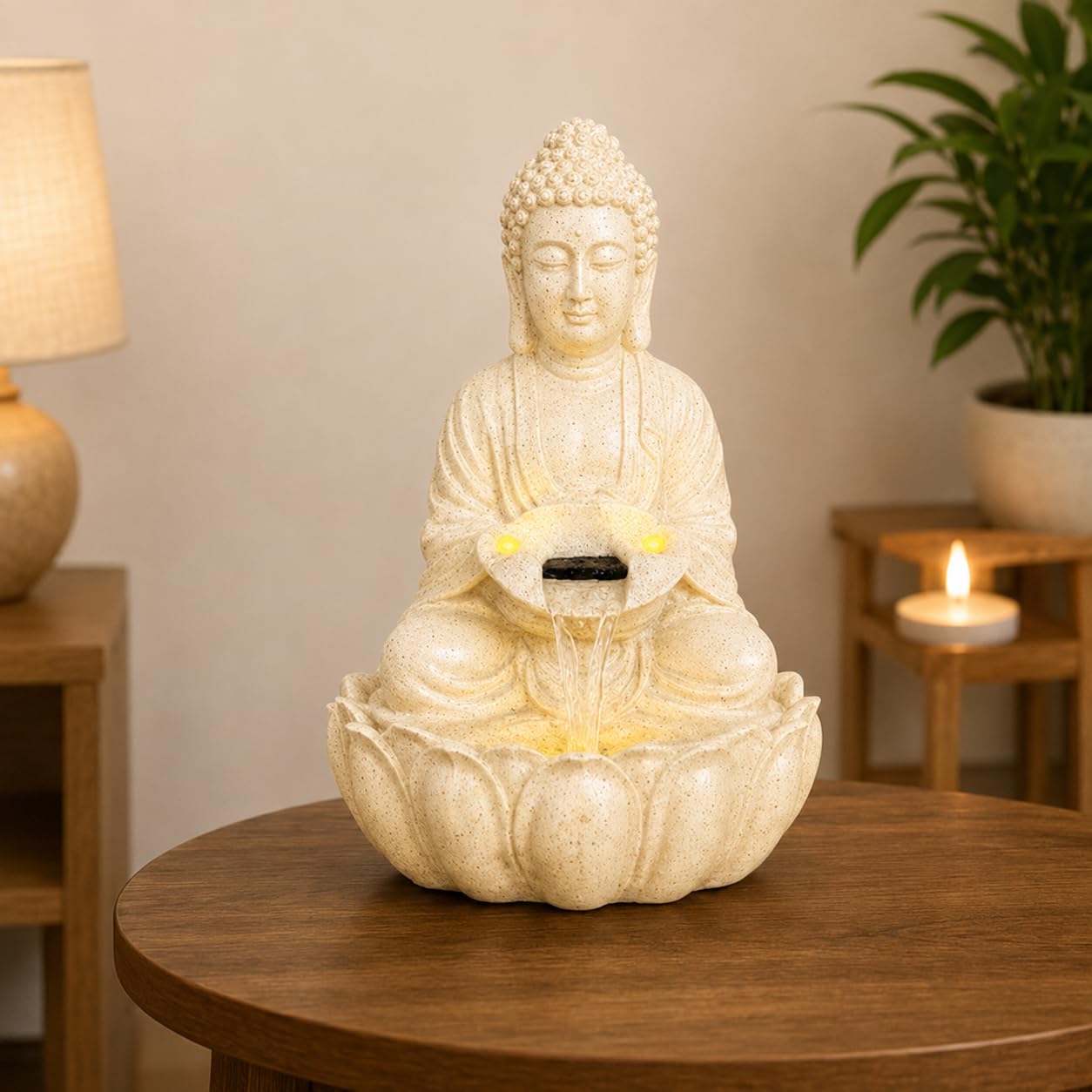 Buddha Indoor Water Fountain with LED Light & Speed Controller Size 15 inch | Home Decor, Meditation Use, Pooja Room Decor, 4-Tier Bowl Design, Pebble Base-image-31