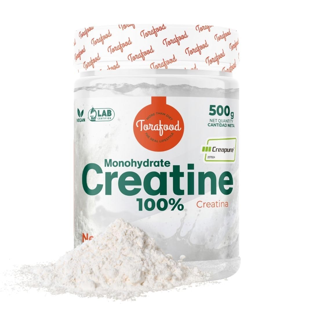 Creatina Monohidrato Creapure en Polvo | 500G | Sabor Neutro | Aumento de Masa Muscular y Resistencia | Gran Solubilidad | 100% Vegana | Torafood