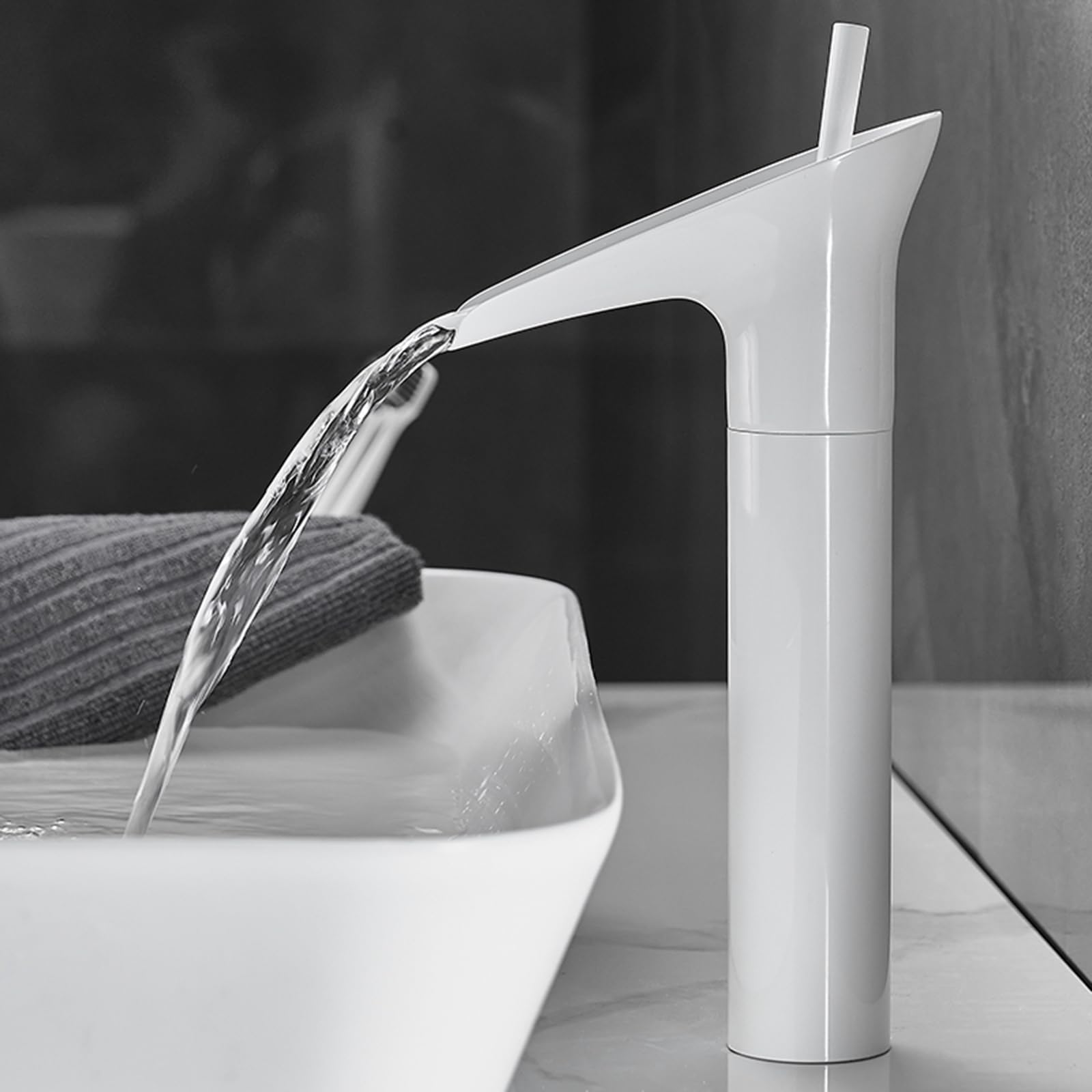 Grifo Lavabo Blanco Caño Alto Cascada Tipo Abierto Grifo Baño Monomando Caliente y Frío,Blanco