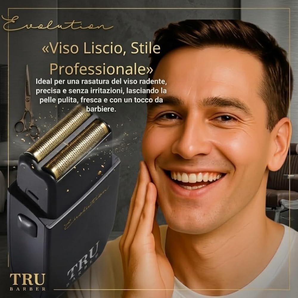 TRU BARBER Rasoio elettrico uomo professionale a lamina in titanio – Taglio preciso e veloce 9000 giri/min per barba, capelli e testa calva – Ideale per uso domestico e barbiere
