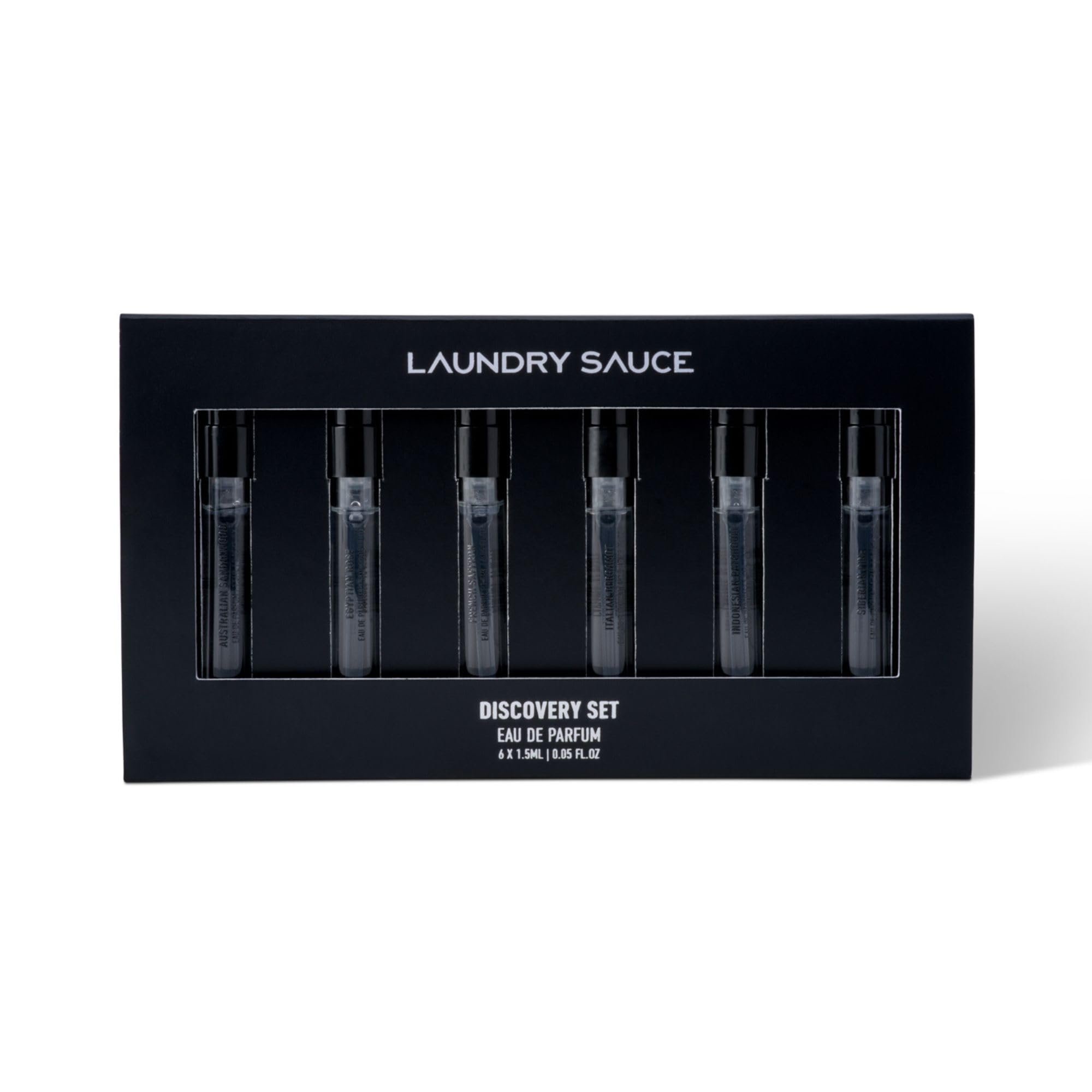 LAUNDRY SAUCE - Scent Discovery Set - 6 Scent Perfume Cologne Trial Set - Australian Sandalwood, Egyptian Rose, French Saffron, Italian Bergamot, Indonesian Patchouli, Siberian Pine (6 x 1.5mL)