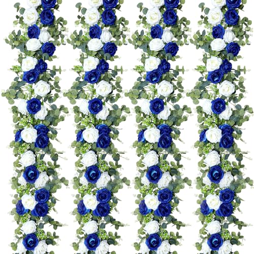 Riceshoot 4 Pcs 26 ft Artificial Eucalyptus Vines Garland with Flowers Faux Floral Greenery Garlands Rose Wreath for Wedding Party Arch Table Decor Backdrop Decorations (Blue and White)