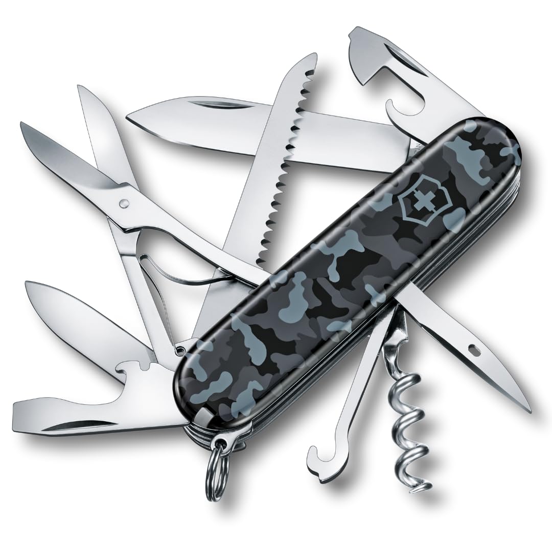 Huntsman Swiss Army Knife, Medium, Multi Tool, Camping Knife, 15 Functions, Large Blade, Bottle Opener, Navy Camouflage