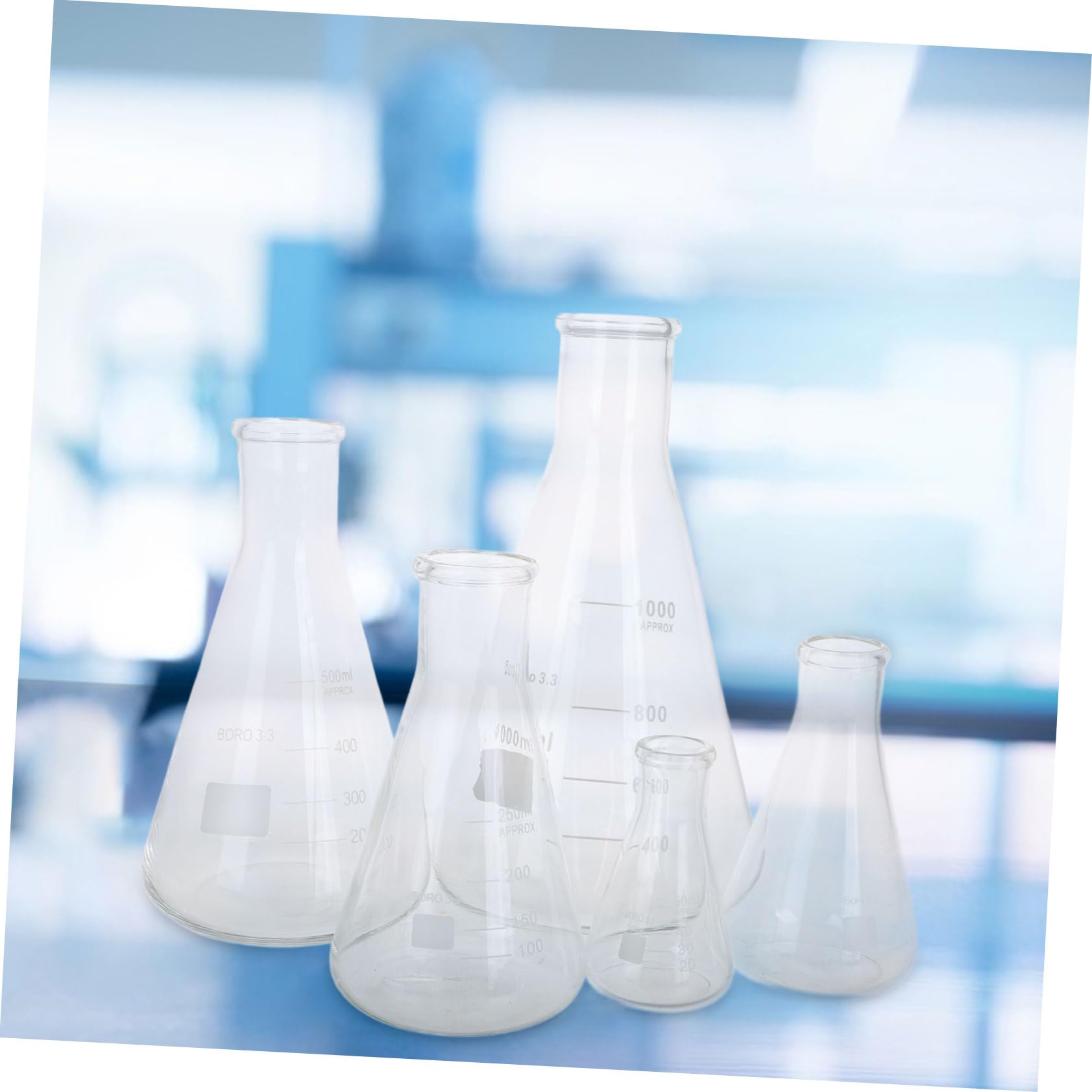 ULTECHNOVO Erlenmeyer Capacidad de 50ml a 1l Juego de 5 Matraces de Vidrio de Borosilicato Diseño Cónico y Base Triangular para Laboratorio Científico