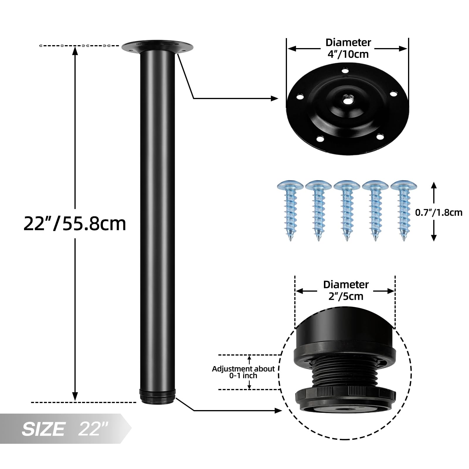 QLLY - Patas metálicas altas ajustables de 22 pulgadas para escritorio, juego de patas para muebles de mesa de oficina, juego de 4 (55,8 cm, negro)