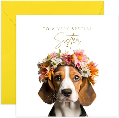 Old English Co. - Tarjeta de felicitación para hermana de perro Beagle muy especial, bonita tarjeta de cumpleaños floral para ella, lindas tarjetas