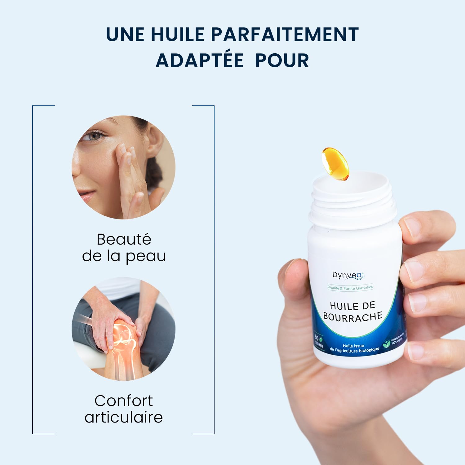 Huile de bourrache bio pure – huile de bourrache certifiée sans carraghénane et sans gélatine – 20% Acide gamma linolénique – 60 capsules (1mois)