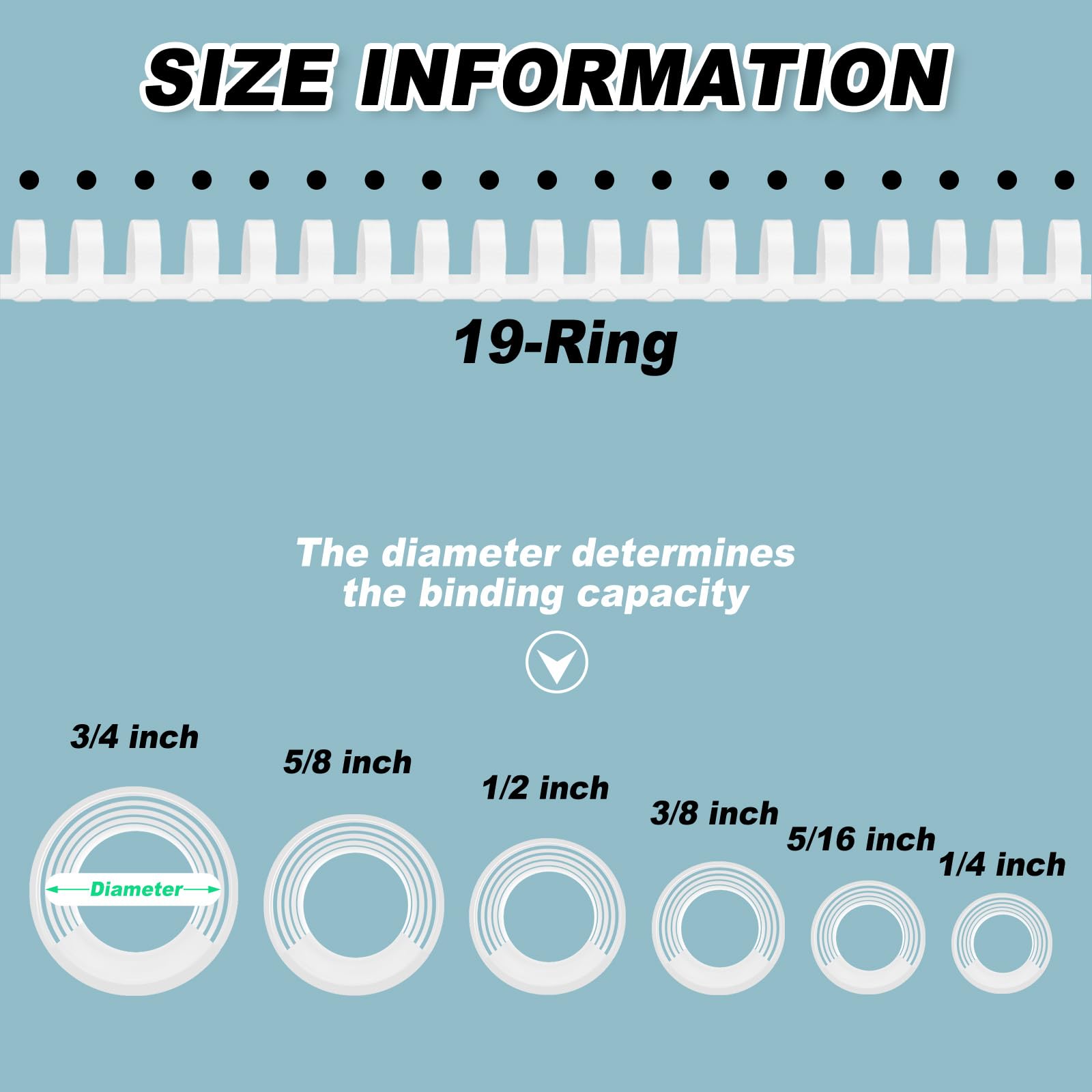 Yunsailing Plastikbinderücken, 19 Ring-Binderücken, Briefgröße, Spiralspulen für Notizbuch, Kalender (1/4, 5/16, 3/8, 1/2, 5/8, 3/4 Zoll, Weiß, 150 Stück
