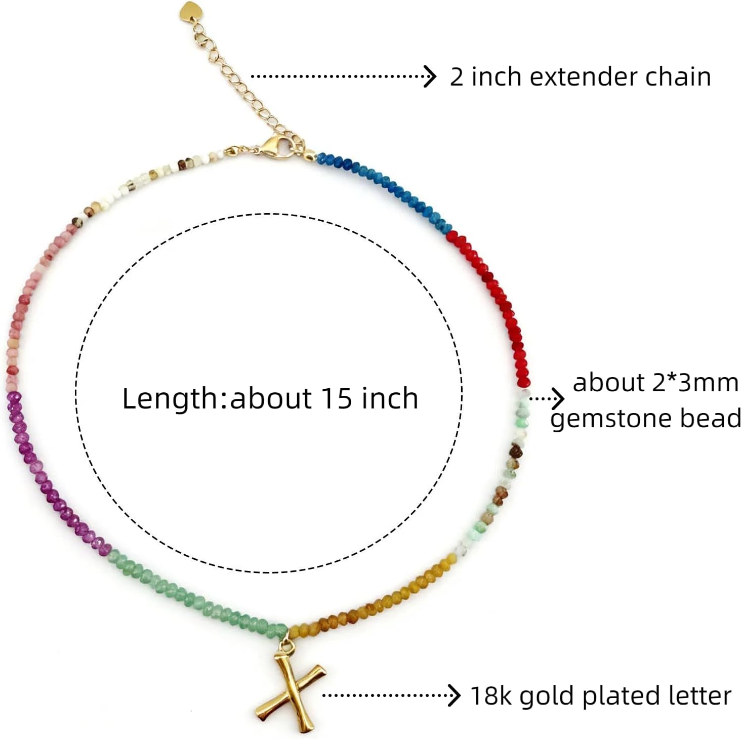 Beaded Initial Necklace for Women, Boho Natural Stone Semi-Precious Stone 18K Gold Plated Letter Pendant Rainbow Colorful Trendy Alphabet Dainty Choker Jewelry for Women Summer Beach Party - Image 2