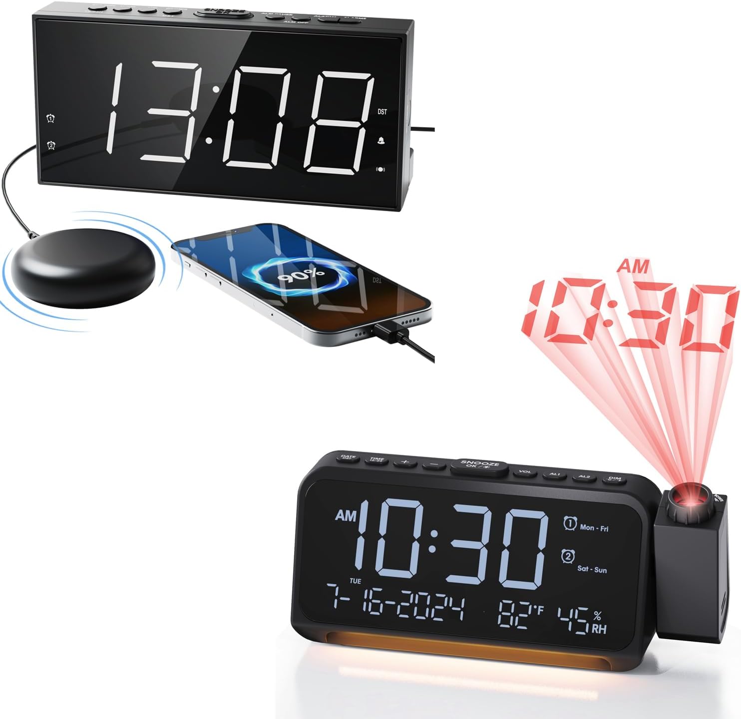 Roxicosly Projection Alarm Clock White Digits RED Projection+Super Loud Alarm Clock with Bed Shaker