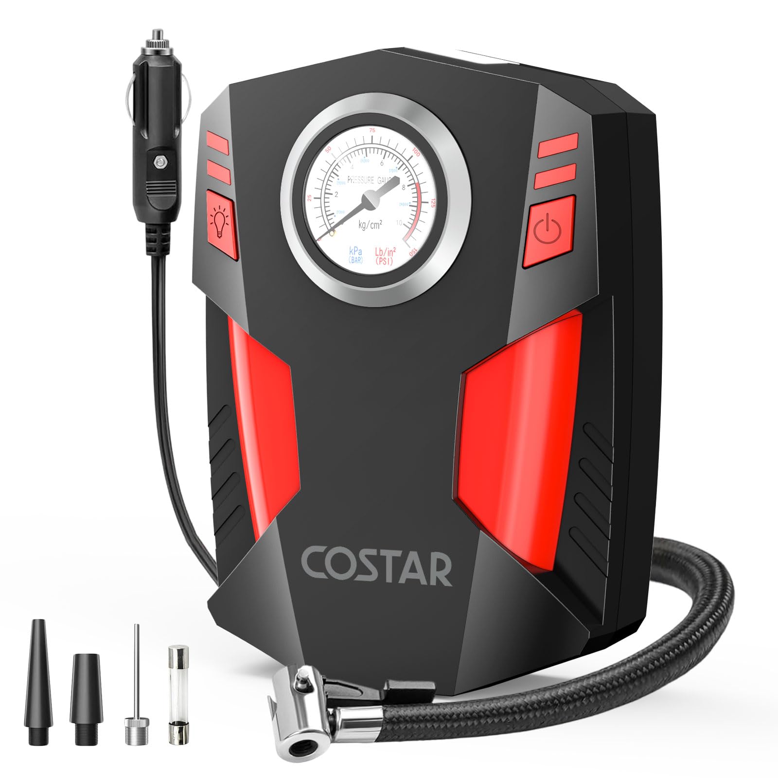 COSTAR - Tire Inflator for Car, 150PSI Portable Air Compressor, DC 12V Electric Air Pump with LED Flash Light, Multiple Nozzles for Bicycles, Bikes and Balls