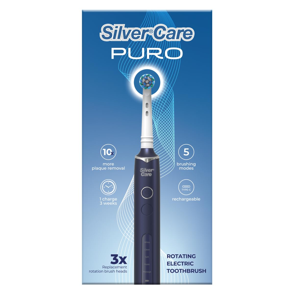 Silvercare Puro Spazzolino Elettrico Rotante 5 Modalità Di Spazzolamento 3 Testine Di Ricambio Ricaricabile USB-C-image