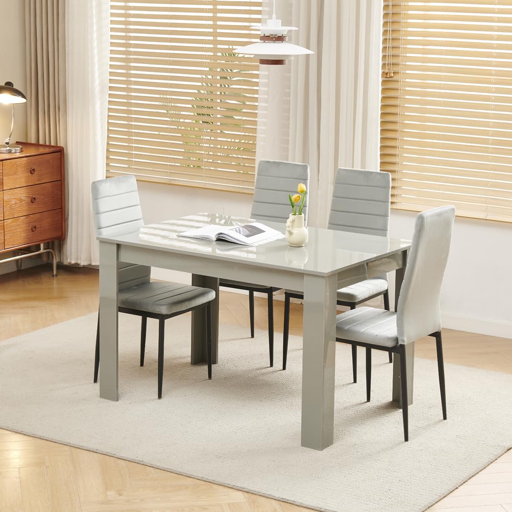 Menaka Wood Dining Table and Chairs Set of 4, Small Rectangular Kitchen Dinner Table with 4 Seaters (line grey velvet chairs, 120m high gloss pure grey table, 4 seaters)