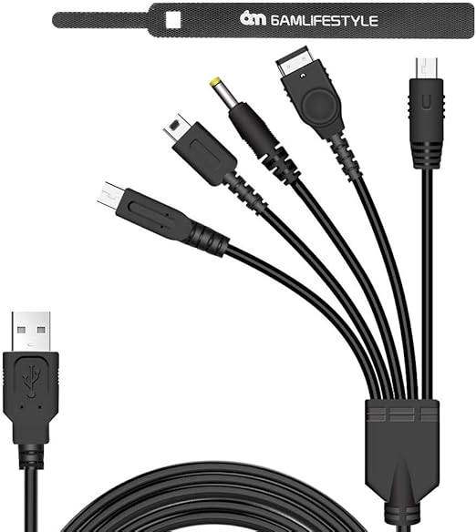 6amLifestyle 5 in 1 USB Charger Cable for Nintendo DS Lite/Wii U/New 3DS 3DS 2DS DSi (XL/LL),NDS/Gameboy Advance SP, PSP 1000 2000 3000, Multi-Functional USB Charging Cord with Cable Tie