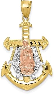 Colar de dois tons de ouro amarelo 10k âncora náutica roda de navio marinheiros mãe abençoada pingente pingente medalha religiosa Maria joias finas para mulheres presentes para ela