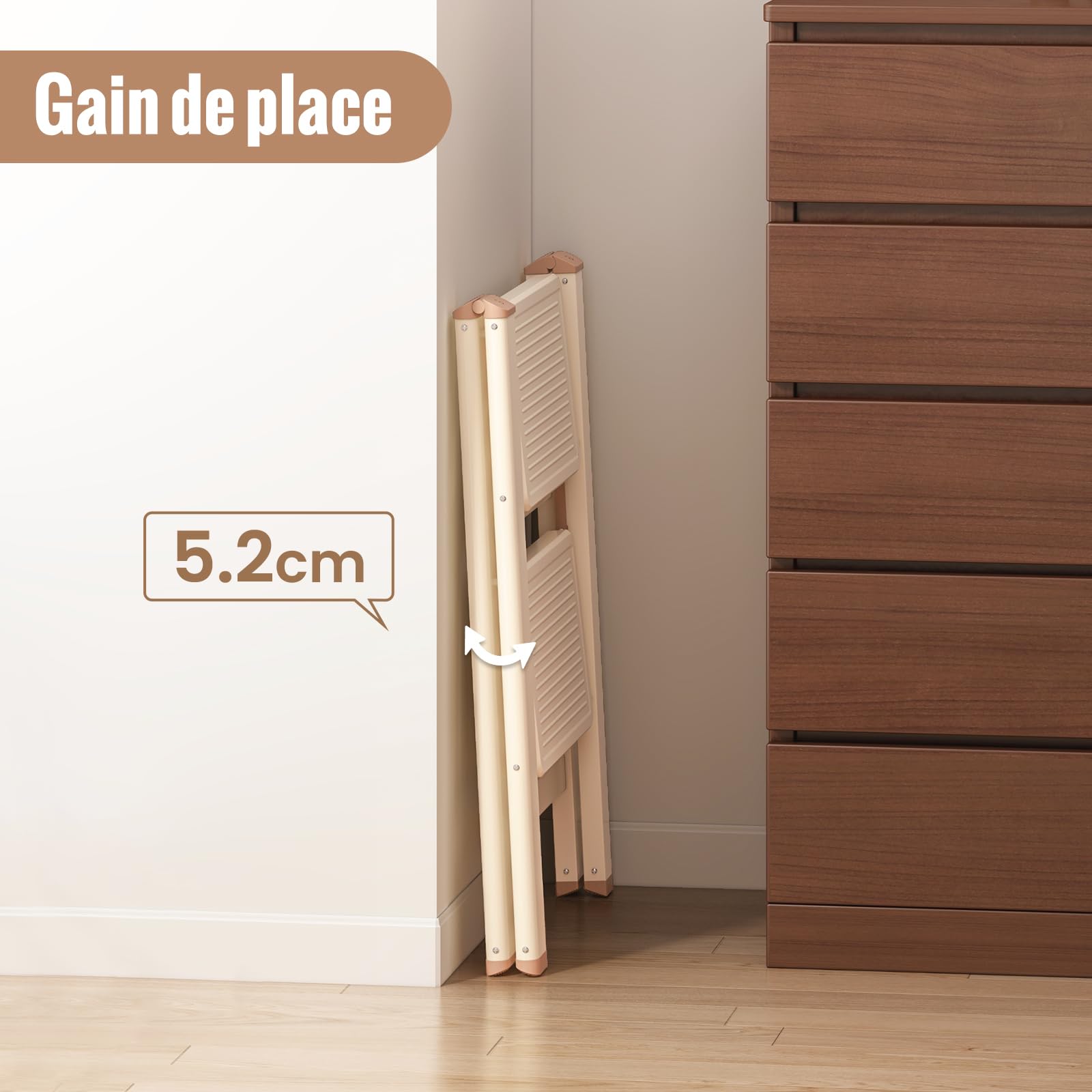 Escabeau 2 Marches pour Adultes, Échelle Pliante avec Base Antidérapante, Marches Élargies, Design Esthétique s'Intégrant Parfaitement aux Intérieurs Domestiques