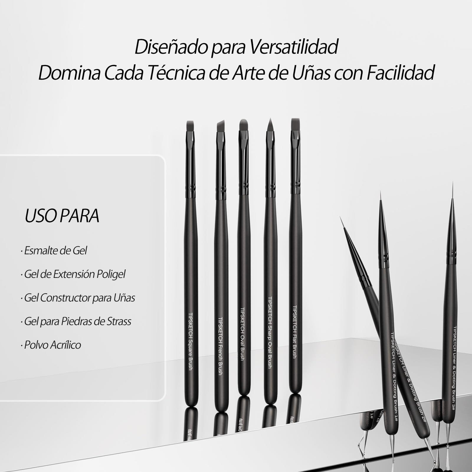Pinceles para Uñas Set de 8 con tapas protectoras y bolsa de almacenamiento,Pinceles Nail Art con Pincel Liner,Dotting Pen,Pincel Francés y más para Uñas en Gel y Manicura Profesional