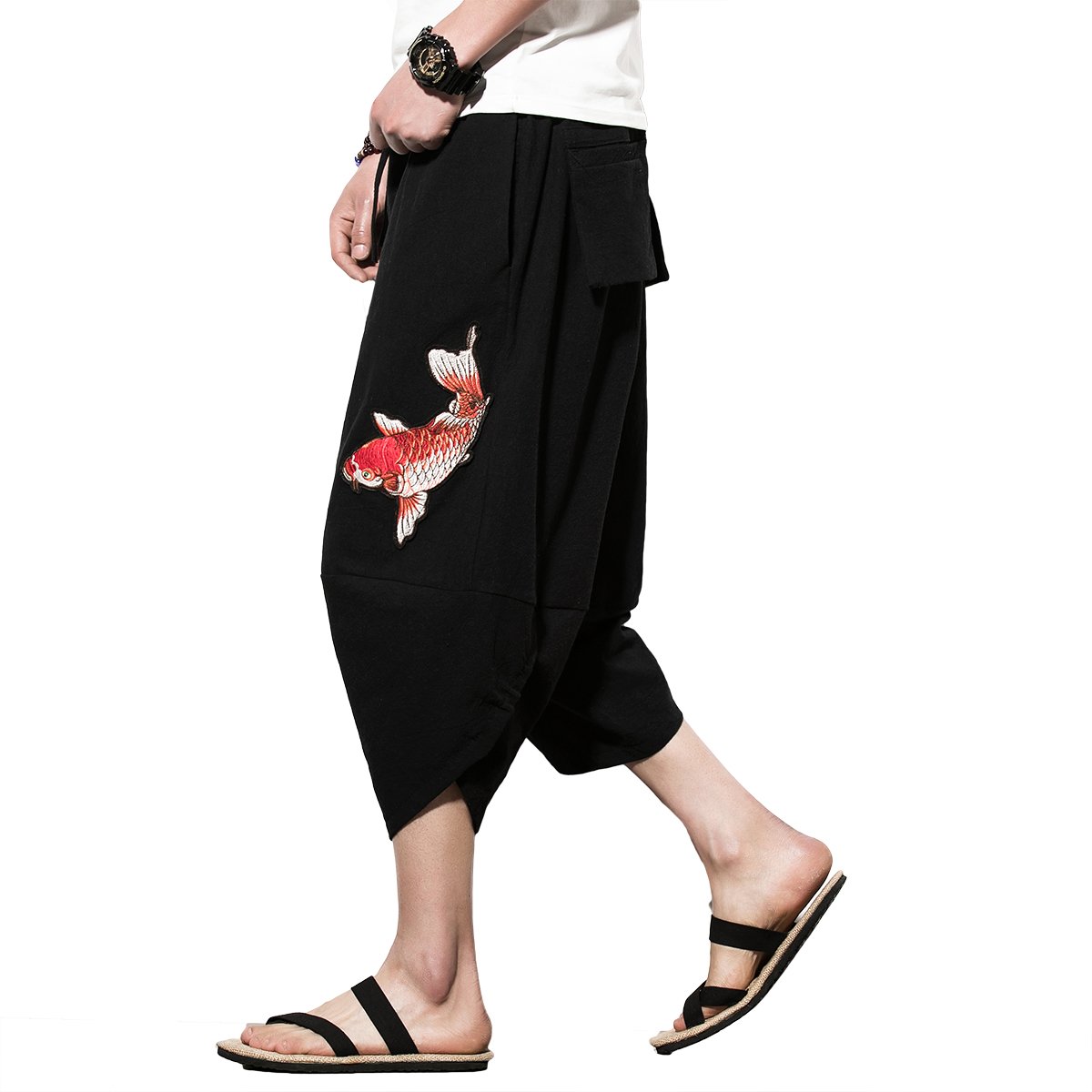 Men's Summer Boho Hippie Wide Leg Cotton Baggy Harem Pants Trousers with Pockets