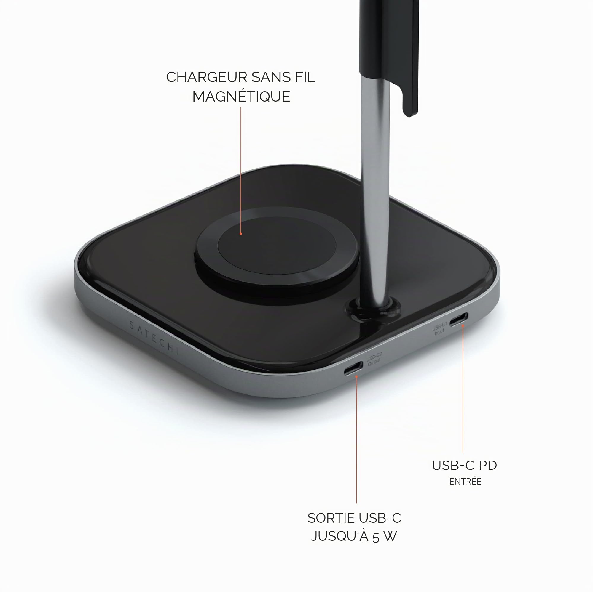SATECHI Support pour Casque 2 en 1 avec Chargeur sans Fil, Port USB C et Chargeur Magnétique, Compatible avec Tous Les iPhone 17 16 15 à 12, AirPods Pro et Autres Appareils Qi