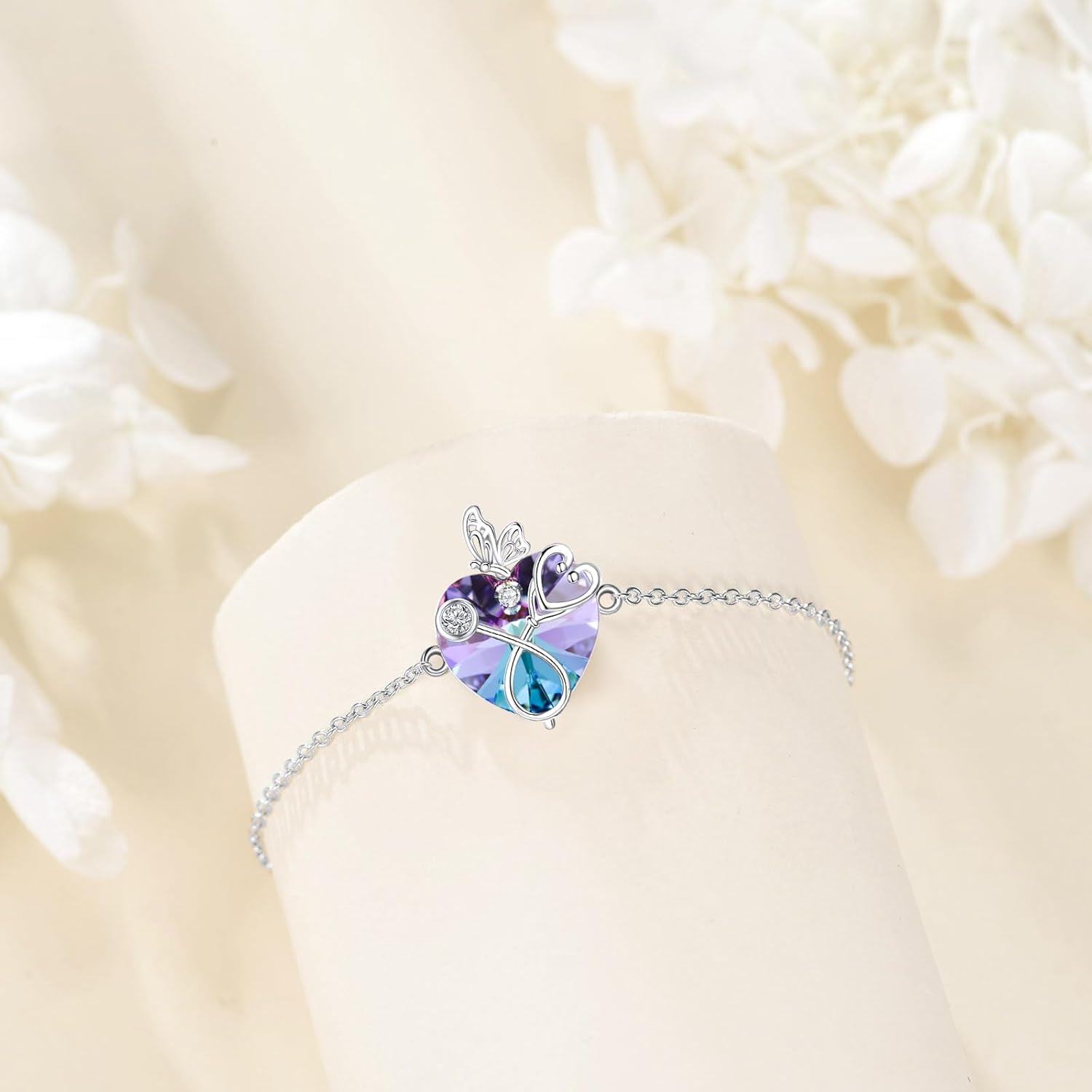 POPKIMI Gifts for Nurse Stethoscope Bracelet 925 Sterling Silver Heart Crystal Nursing Themed Jewelry Birthday Gifts for Women Doctor Medical Student - Image 3