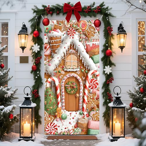 Christmas Door Cover 35.4 x 70.8 inch Merry Christmas Door Cover Hanging Banner Backdrop Xmas Winter Holiday Decor for Front Door Gingerbread House