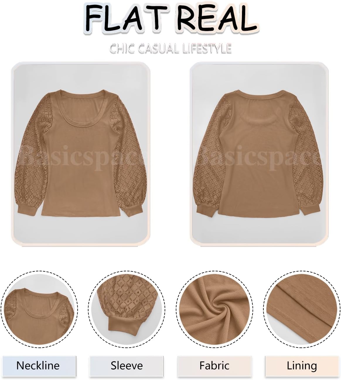 Basicspace Womens Fashion Lace Balloon Tops Knit Ribbed Stretch Slim Fitted Shirts Round Neck Blouse for Women - Image 4